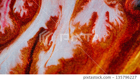 Paint spill defocused. Ink spread. Color dye abstract curl flow on shimmering texture. White wave stream on red orange background. Paint spill defocused. Ink spread. Color dye abstract curl flow on shimmering texture. White wave stream on red orange background. 135796227