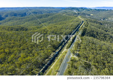 Drone photograph of a train in the Grose Valley in the Blue Mountains Drone photograph of a train in the Grose Valley in the Blue Mountains 135796364