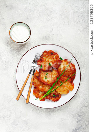 potato pancakes, pancakes with sour cream, Belarusian dish, homemade, no people, 135796396