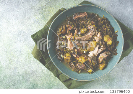 chakapuli, Georgian dish, stewed meat with herbs and tkemali, in white wine, homemade, no people, chakapuli, Georgian dish, stewed meat with herbs and tkemali, in white wine, homemade, no people, 135796400