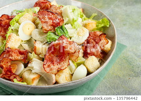 caesar salad with fried bacon, quail eggs, homemade, no people, 135796442