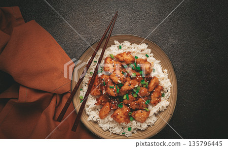 fried chicken teriyaki with rice, green onion and sesame, homemade, no people, fried chicken teriyaki with rice, green onion and sesame, homemade, no people, 135796445