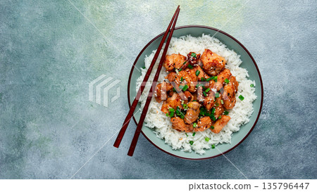 fried chicken teriyaki with rice, green onion and sesame, homemade, no people, fried chicken teriyaki with rice, green onion and sesame, homemade, no people, 135796447