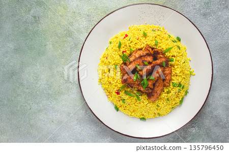crispy chicken fillet in soy sauce, with fried rice, homemade, no people, crispy chicken fillet in soy sauce, with fried rice, homemade, no people, 135796450