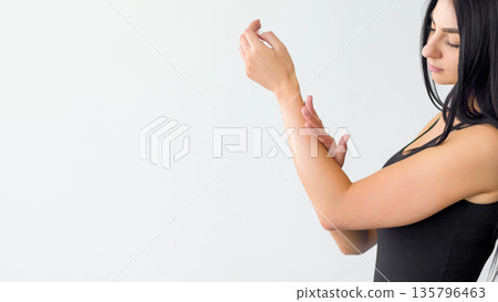 Cream application. Skin hand cosmetic. Woman gently rubbing lotion with extra nourishment. Health daily hydration hygiene isolated on white. Cream application. Skin hand cosmetic. Woman gently rubbing lotion with extra nourishment. Health daily hydration hygiene isolated on white. 135796463