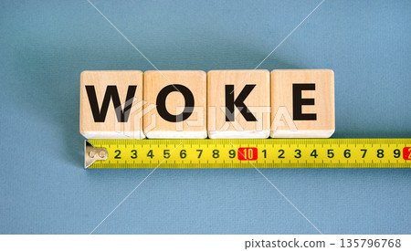 Woke question symbol. Concept word Woke question on beautiful wooden blocks. Beautiful yellow ruler. Beautiful blue table blue background. Business, lifestyle support woke question concept. Copy space 135796768