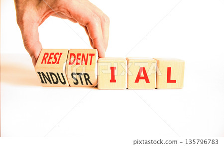 Industrial or residential symbol. Concept words Industrial or Residential on beautiful wooden blocks. Beautiful white background. Business industrial or residential concept. Copy space. 135796783
