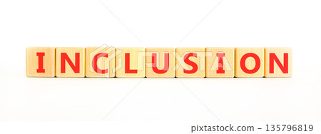 Inclusion symbol. Concept words Inclusion on beautiful wooden blocks. Beautiful white background. Business support inclusion concept. Copy space. 135796819