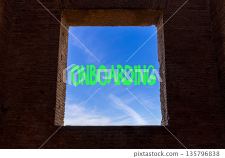 Onboarding success symbol. Concept word Onboarding on beautiful blue sky in window. Beautiful brick wall with window and blue sky background. Business onboarding success concept. Copy space. Onboarding success symbol. Concept word Onboarding on beautiful blue sky in window. Beautiful brick wall with window and blue sky background. Business onboarding success concept. Copy space. 135796838