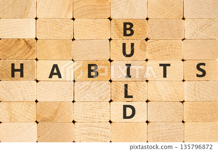 Build habits symbol. Concept word Build habits on beautiful wooden block wall. Beautiful wooden block wall background. Wooden blocks. Business build habits concept. Copy space. Build habits symbol. Concept word Build habits on beautiful wooden block wall. Beautiful wooden block wall background. Wooden blocks. Business build habits concept. Copy space. 135796872