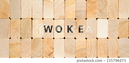 Woke question symbol. Concept word Woke question on beautiful wooden blocks. Beautiful wooden blocks background. Business, lifestyle, support and woke question concept. Copy space. 135796873