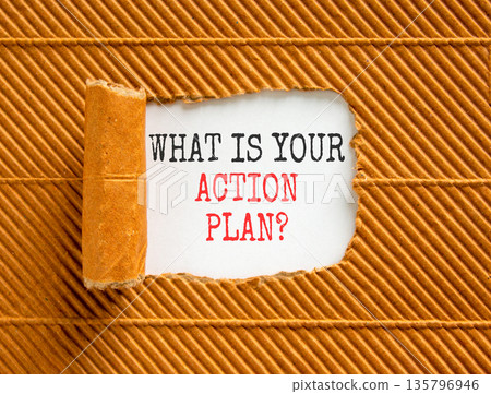 What is your action plan symbol. Concept words What is your action plan on beautiful white paper. Beautiful brown paper background. Business what is your action plan concept. Copy space. 135796946