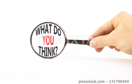 Support, help what do you think symbol. Concept words What do you think on beautiful magnifying glass. Businessman's hand. Beautiful white background. Business what do you think concept. Copy space. 135796949