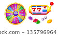 Slot Machine with Lucky Sevens. Casino Gaming Wheel of Fortune with Poker Chips and Gold Coins 135796964