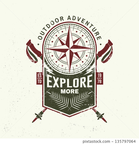 Explore more. Vector illustration. Extreme adventure. Hiking related typographic quote. Concept for shirt or logo, print, stamp. Landscape with compass and hiking poles Explore more. Vector illustration. Extreme adventure. Hiking related typographic quote. Concept for shirt or logo, print, stamp. Landscape with compass and hiking poles 135797064