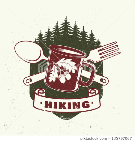 Hiking logo, badge design. Concept for shirt or logo, print, stamp or tee with pin forest, coffee or tea mug, fork and spoon. Outdoor adventure. Vector illustration. Hiking logo, badge design. Concept for shirt or logo, print, stamp or tee with pin forest, coffee or tea mug, fork and spoon. Outdoor adventure. Vector illustration. 135797067
