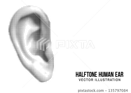 Halftone human ear. Vector black dots pattern. Collage element, ear symbol. Trendy vintage retro halftone collage template. Halftone human ear. Vector black dots pattern. Collage element, ear symbol. Trendy vintage retro halftone collage template. 135797084
