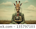 Giraffe in costume with retro tv sitting in the field 135797103