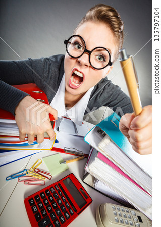 Young woman performing paperwork. Young woman performing paperwork. 135797104