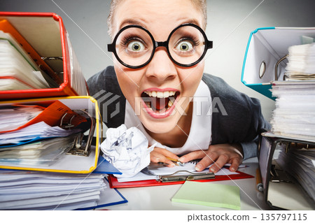 Insane office woman at work. Insane office woman at work. 135797115