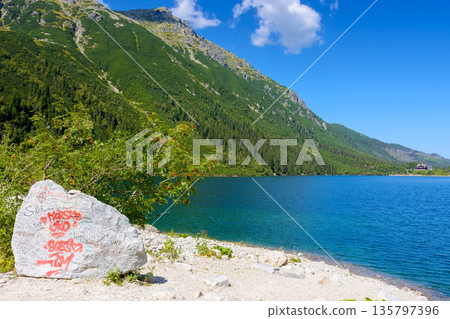 landscape with alpine lake in summer. beautiful view near rysy peaks in poland. travel background of high tatras with blue sky and clouds 135797396