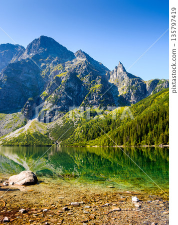 alpine landscape with lake in summer. beautiful poland nature in high tatra mountains for travel. blue sky. scenery reflection in transparent pond water alpine landscape with lake in summer. beautiful poland nature in high tatra mountains for travel. blue sky. scenery reflection in transparent pond water 135797419