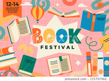 Book festival bright poster. banner. Book fair concept with open and close books. Education, culture festival day, library or literature event. Day for self education.Book sale day.Vector illustration Book festival bright poster. banner. Book fair concept with open and close books. Education, culture festival day, library or literature event. Day for self education.Book sale day.Vector illustration 135797468