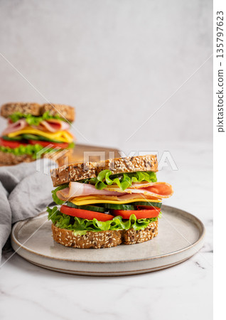 Sandwich with ham, cheese, lettuce, tomatoes, cucumbers and seeded bread on a plate Sandwich with ham, cheese, lettuce, tomatoes, cucumbers and seeded bread on a plate 135797623