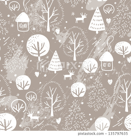 Seamless pattern with icy wood. Frosty snowy forest winter background. Hand drawing Vector illustration 135797635