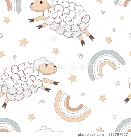 Cute sheep jumping among rainbows seamless pattern. White lambs, rainbow, and stars nursery background. Design for prints, fabric, textile, wallpaper, wrapping paper. Vector illustration Cute sheep jumping among rainbows seamless pattern. White lambs, rainbow, and stars nursery background. Design for prints, fabric, textile, wallpaper, wrapping paper. Vector illustration 135797637