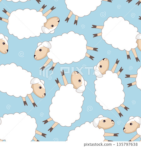 Seamless blue background with funny white sheep. Nursery background design for prints, fabric, textile, wallpaper, wrapping paper. Vector illustration Seamless blue background with funny white sheep. Nursery background design for prints, fabric, textile, wallpaper, wrapping paper. Vector illustration 135797638