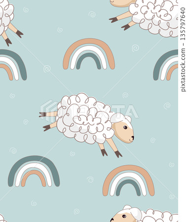 Cute sheep jumping among rainbows seamless pattern. White lambs, rainbow, and stars nursery background. Design for prints, fabric, textile, wallpaper, wrapping paper. Vector illustration 135797640