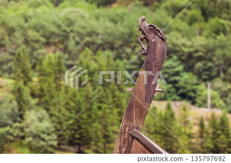 Part of old wooden viking boat in norwegian nature 135797692