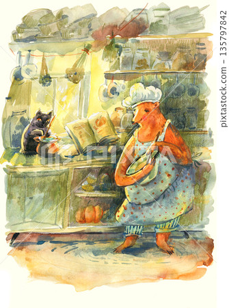 Watercolor Bear Chef Cooking in Kitchen Illustration Watercolor Bear Chef Cooking in Kitchen Illustration 135797842