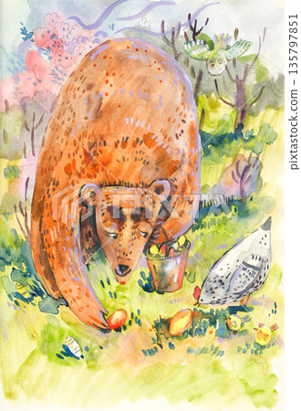 Bear Hunting Easter Eggs with Chicken in a Garden Bear Hunting Easter Eggs with Chicken in a Garden 135797851