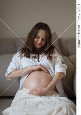 Pregnant woman caressing her belly sitting near sofa at home 135797881