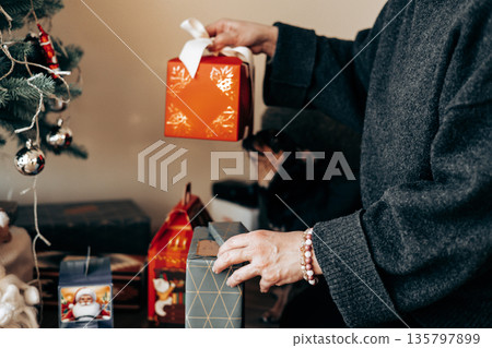 A woman holding a Christmas gift in a red box in her hands. Winter holidays celebration. Gifts for the New year 2026. A decorated Christmas tree 135797899