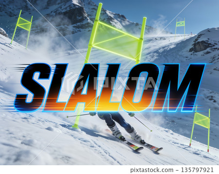 slalom banner with word text and skier on the ski slope, alpine skiing winter sport sign illustration slalom banner with word text and skier on the ski slope, alpine skiing winter sport sign illustration 135797921
