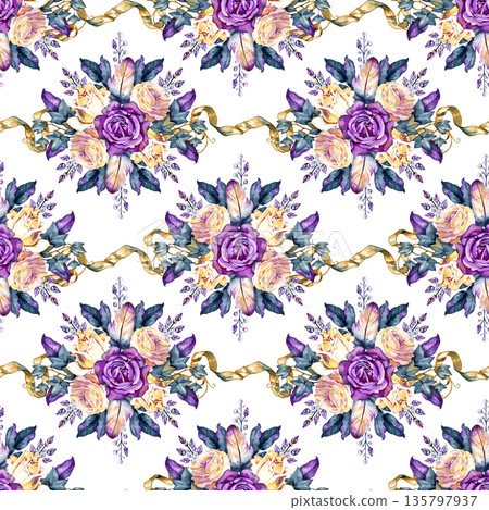 Luxurious seamless watercolor pattern combining roses, feathers and decorative ribbons in a ballet-inspired floral arrangement. Perfect for elegant textiles, wallpapers, wedding stationery and premium Luxurious seamless watercolor pattern combining roses, feathers and decorative ribbons in a ballet-inspired floral arrangement. Perfect for elegant textiles, wallpapers, wedding stationery and premium 135797937