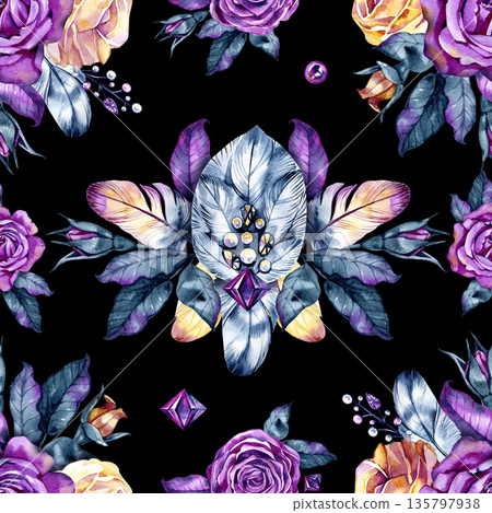 Seamless watercolor pattern featuring purple roses, feathers, leaves, and crystal accents. A rich boho and fantasy-inspired ornament combining florals and jewelry elements for expressive decorative 135797938
