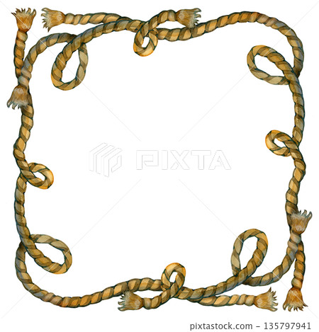 Authentic watercolor hemp rope border featuring decorative sailor bows and curved twine lines. Hand-painted rustic pirate frame ideal for coastal branding, nautical scrapbooking, and vintage maritime Authentic watercolor hemp rope border featuring decorative sailor bows and curved twine lines. Hand-painted rustic pirate frame ideal for coastal branding, nautical scrapbooking, and vintage maritime 135797941