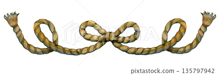 Charming watercolor illustration of a sturdy rope bow. Hand-painted nautical knot resembling a festive ribbon, ideal for gift packaging, rustic decor, or maritime-themed designs 135797942