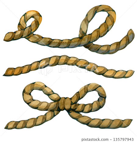 Vintage watercolor nautical rope set with twisted cords and a sturdy sailor knot bow. Hand-painted pirate style hemp twine elements for maritime adventure, treasure maps, and marine designs. 135797943