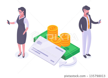 Isometric business people. Online payment, man and woman use mobile phone app, money transaction service, mobile purchase or banking 3d vector illustration. Contactless financial concept 135798013