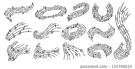 Stardust traces. Hand Drawn shiny star swirl, glowing comets and starry sparkles tails flat vector illustration set. Isolated doodle shine stardust swirl collection Stardust traces. Hand Drawn shiny star swirl, glowing comets and starry sparkles tails flat vector illustration set. Isolated doodle shine stardust swirl collection 135798014