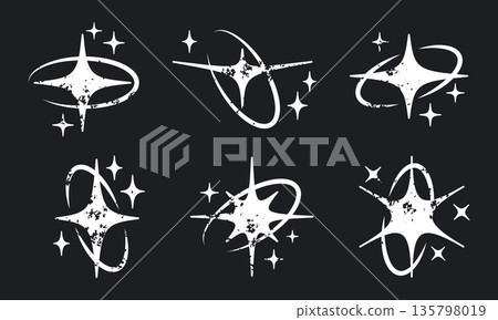 Shiny y2k stars. Magical ellipse shapes with stars and twinkles, shimmering sparks elements flat vector illustration set. Doodle stars with oval frames on white background 135798019