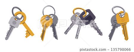 Key bunches. Simple apartment or house door keys, door key bunches flat vector illustration set. Cartoon real estate property keys on white 135798066