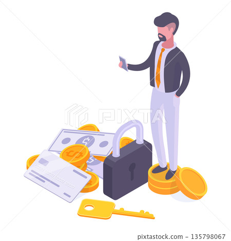 Money security. Isometric businessman protect savings or investments, financial security on smartphone screen 3d vector illustration. Online money safety concept Money security. Isometric businessman protect savings or investments, financial security on smartphone screen 3d vector illustration. Online money safety concept 135798067