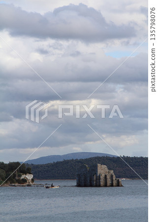Ruined and restored castle at Iasos Turkey on the Aegean Sea near Bodrum 135798076