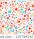 Seamless pattern with small red and blue flowers . Hand drawn. Not AI, vector illustration 135798142